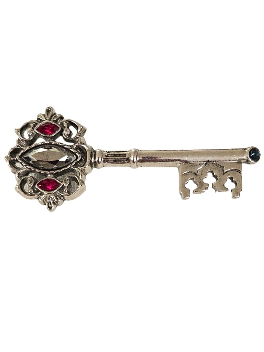 1928 Brand Red Blue Rhinestone Silver Tone Key Brooch Pin L259
